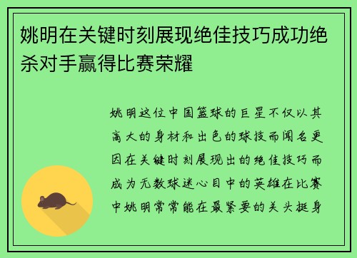 姚明在关键时刻展现绝佳技巧成功绝杀对手赢得比赛荣耀